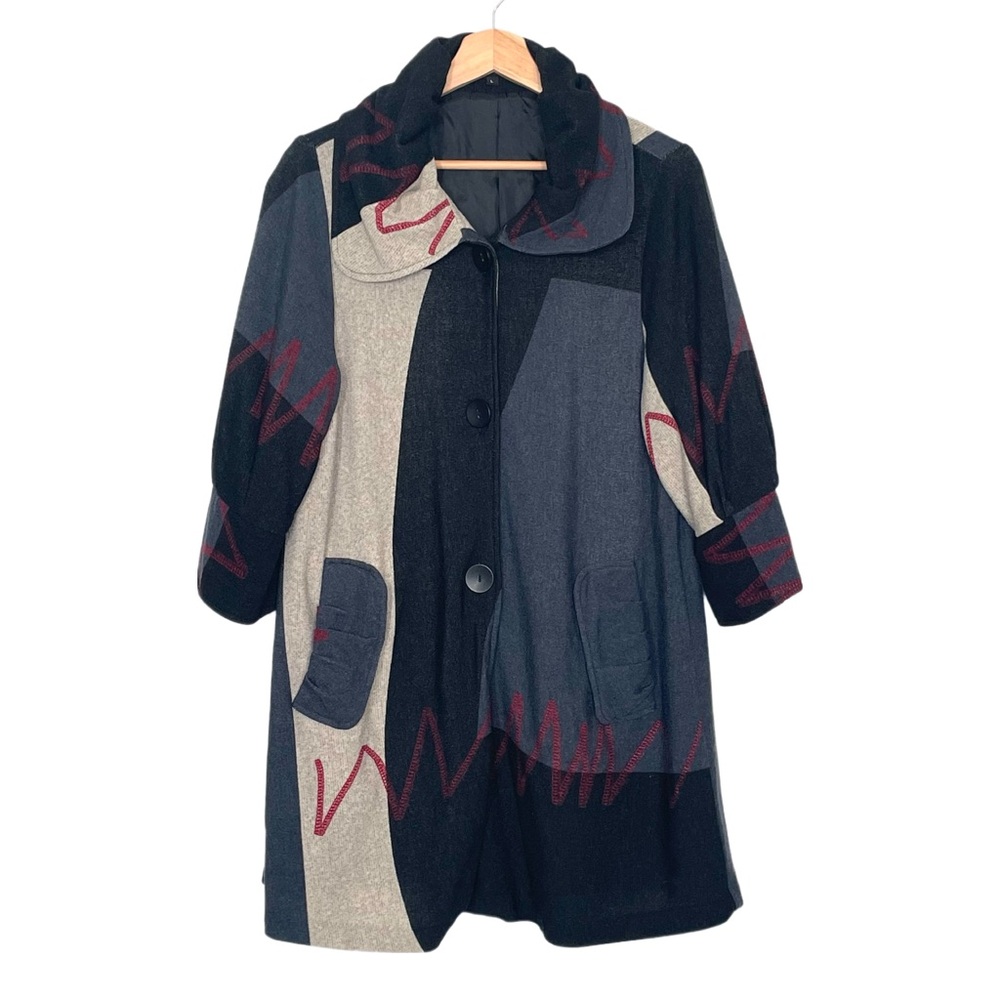 Damee Color-block Swing Jacket Artsy Patchwork Abstract 3/4 Sleeves Size Large
